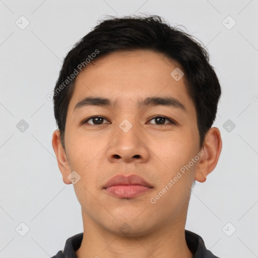 Neutral latino young-adult male with short  black hair and brown eyes