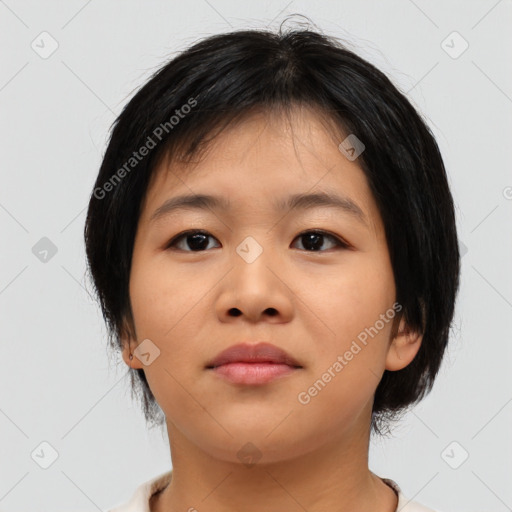 Neutral asian young-adult female with medium  brown hair and brown eyes