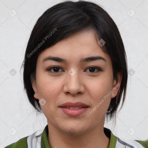 Joyful asian young-adult female with medium  black hair and brown eyes