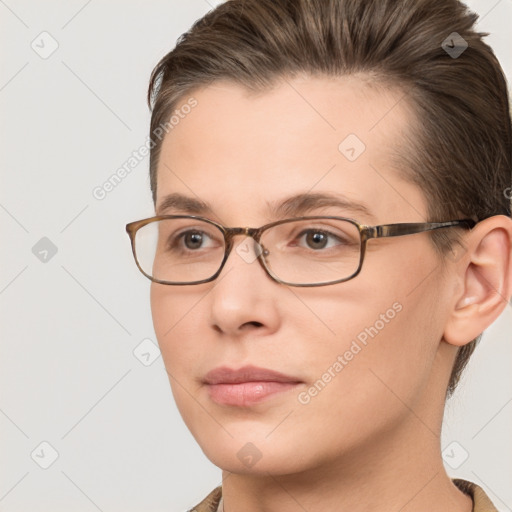 Neutral white young-adult female with short  brown hair and brown eyes