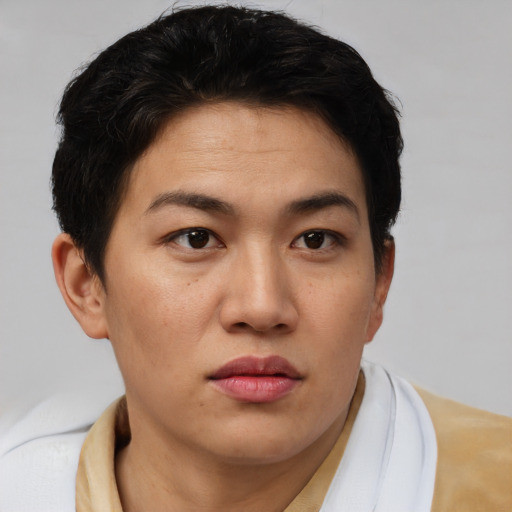 Neutral asian young-adult female with short  brown hair and brown eyes