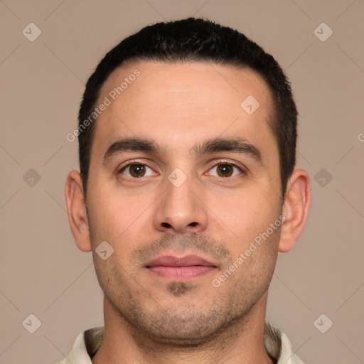 Joyful white young-adult male with short  brown hair and brown eyes