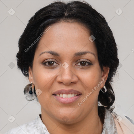 Joyful latino adult female with medium  brown hair and brown eyes