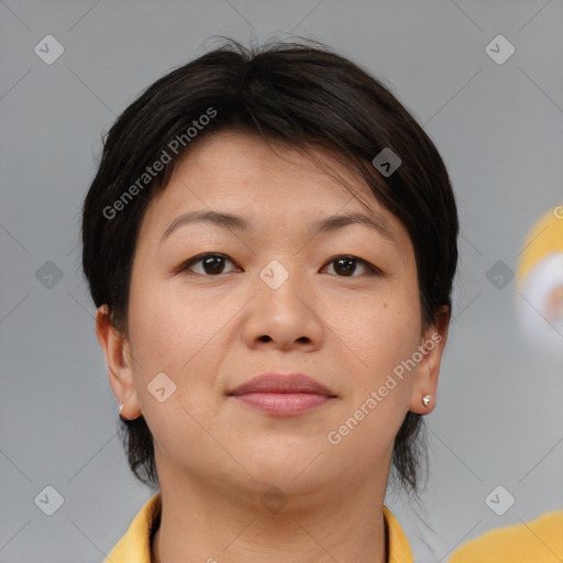 Neutral asian young-adult female with medium  brown hair and brown eyes