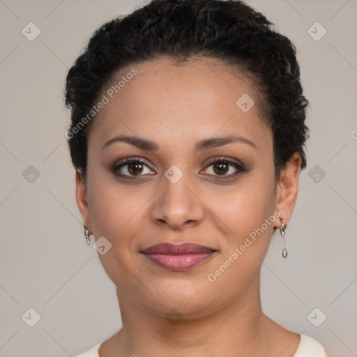 Joyful latino young-adult female with short  brown hair and brown eyes