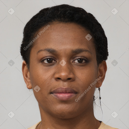 Neutral black young-adult female with short  brown hair and brown eyes