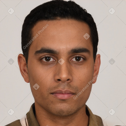 Neutral latino young-adult male with short  black hair and brown eyes