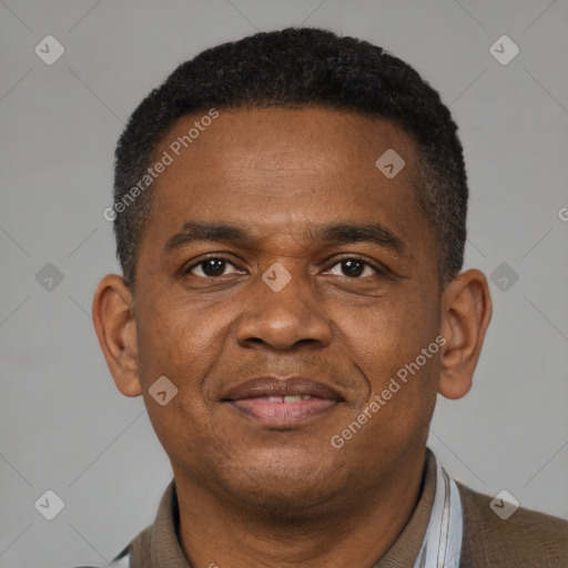 Joyful latino adult male with short  brown hair and brown eyes