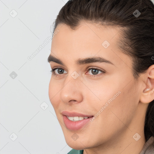 Joyful white young-adult male with medium  brown hair and brown eyes