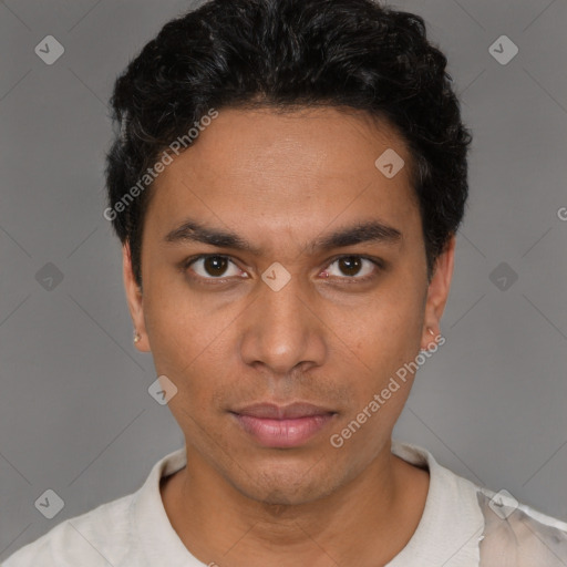 Neutral latino young-adult male with short  brown hair and brown eyes