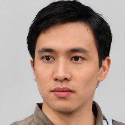 Neutral asian young-adult male with short  black hair and brown eyes