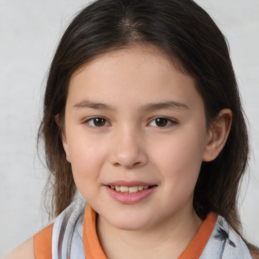 Joyful white child female with medium  brown hair and brown eyes