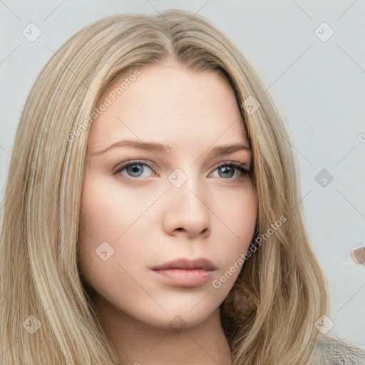 Neutral white young-adult female with long  brown hair and grey eyes