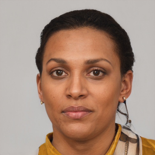 Neutral latino adult female with short  black hair and brown eyes