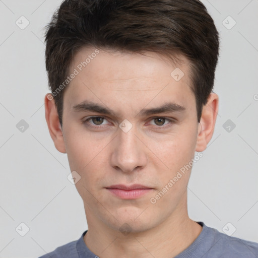 Neutral white young-adult male with short  brown hair and brown eyes