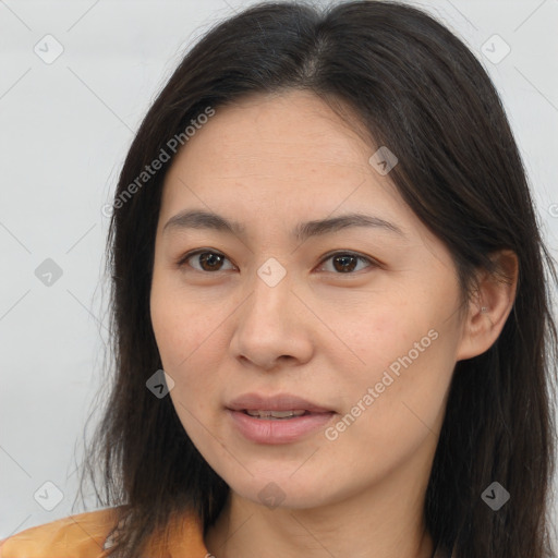 Joyful white young-adult female with long  brown hair and brown eyes