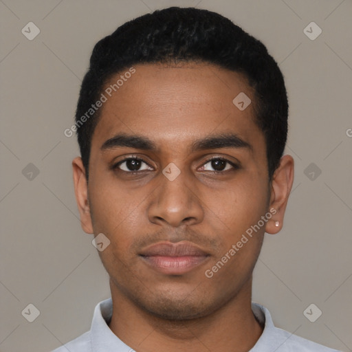 Neutral latino young-adult male with short  black hair and brown eyes