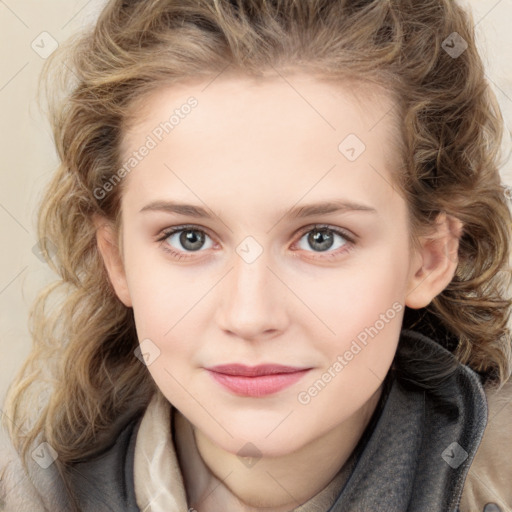 Joyful white child female with medium  brown hair and brown eyes