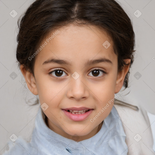 Joyful white child female with medium  brown hair and brown eyes