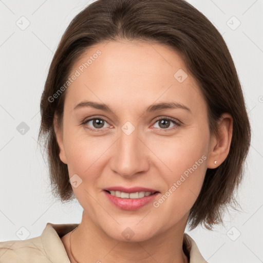 Joyful white young-adult female with medium  brown hair and brown eyes