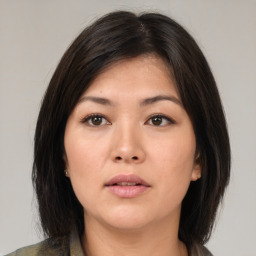 Neutral asian young-adult female with medium  brown hair and brown eyes