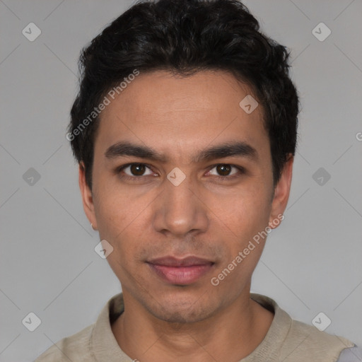 Neutral white young-adult male with short  black hair and brown eyes
