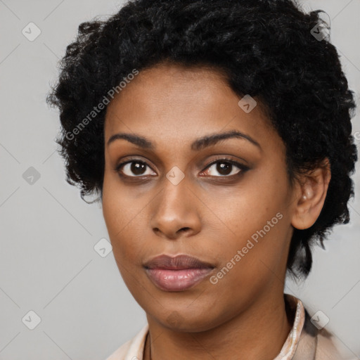 Neutral black young-adult female with short  black hair and brown eyes