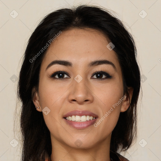 Joyful white young-adult female with long  brown hair and brown eyes