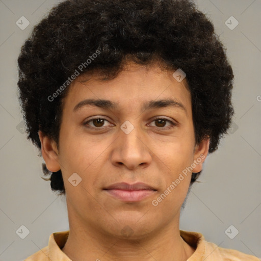 Joyful latino young-adult male with short  brown hair and brown eyes