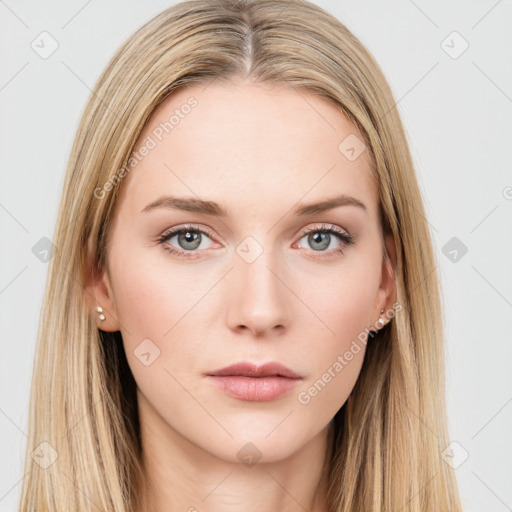 Neutral white young-adult female with long  brown hair and grey eyes