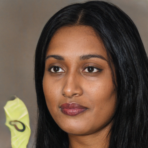 Neutral asian young-adult female with long  black hair and brown eyes