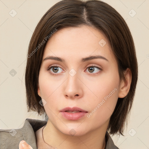 Neutral white young-adult female with medium  brown hair and brown eyes