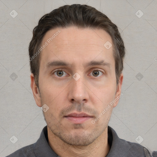 Neutral white adult male with short  brown hair and brown eyes