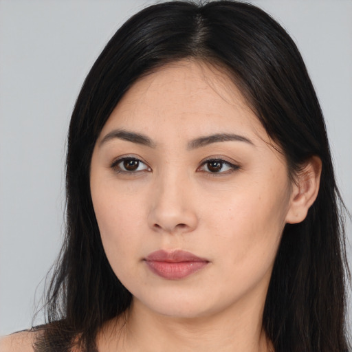 Neutral asian young-adult female with long  brown hair and brown eyes