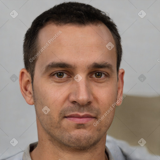 Neutral white young-adult male with short  brown hair and brown eyes