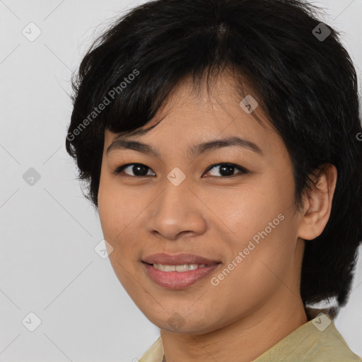 Joyful asian young-adult female with medium  brown hair and brown eyes