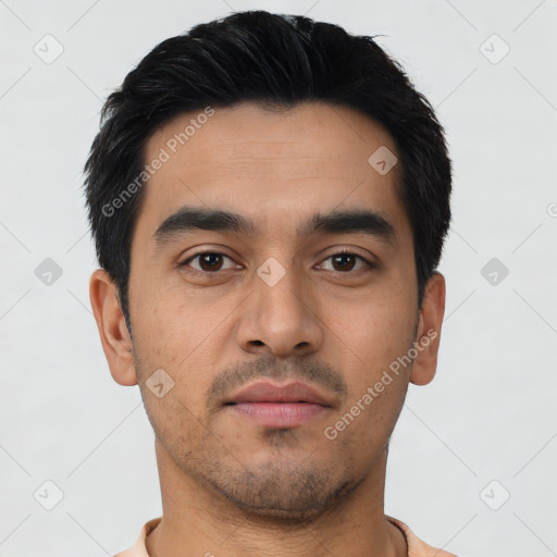 Neutral latino young-adult male with short  black hair and brown eyes