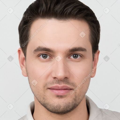 Neutral white young-adult male with short  brown hair and brown eyes