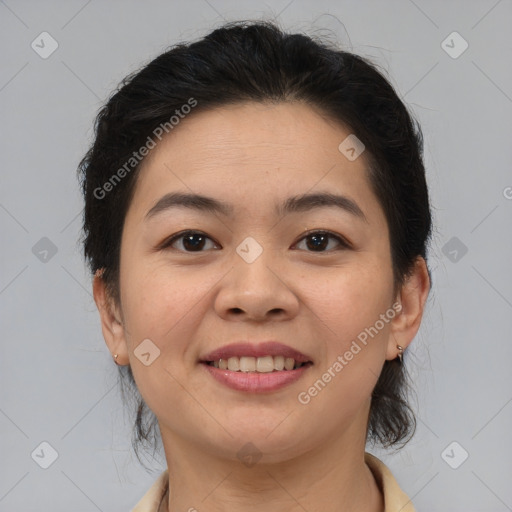 Joyful latino young-adult female with medium  brown hair and brown eyes