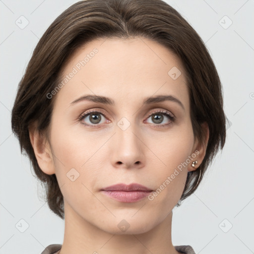 Neutral white young-adult female with medium  brown hair and grey eyes