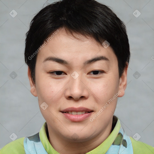 Joyful asian young-adult female with short  brown hair and brown eyes