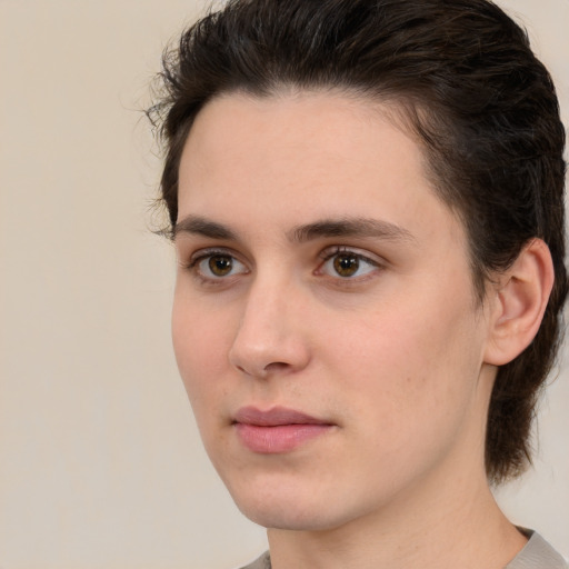 Neutral white young-adult female with medium  brown hair and brown eyes