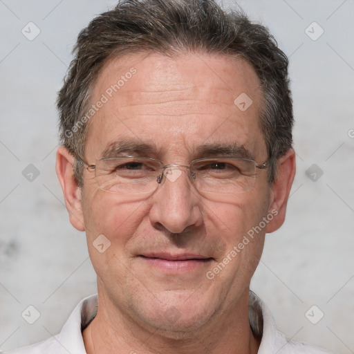 Joyful white middle-aged male with short  brown hair and brown eyes