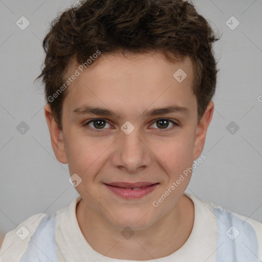 Joyful white child male with short  brown hair and brown eyes