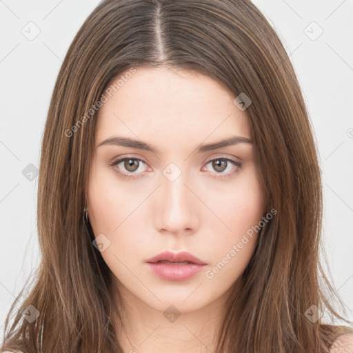 Neutral white young-adult female with long  brown hair and brown eyes