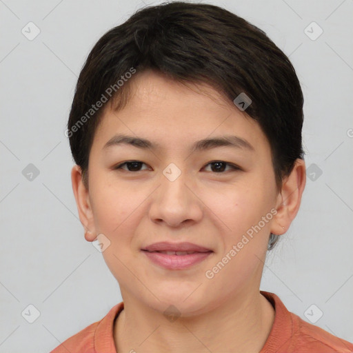 Joyful asian young-adult female with short  brown hair and brown eyes