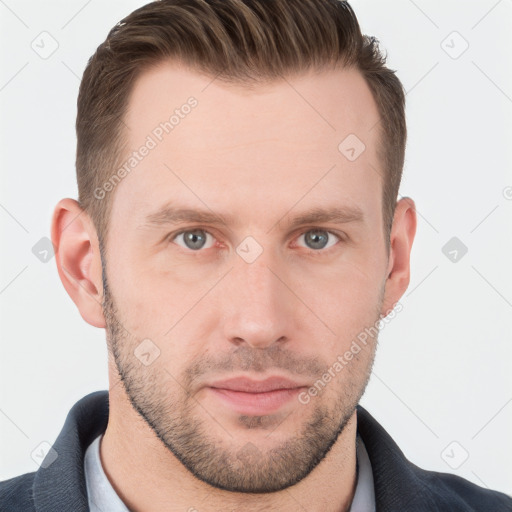 Neutral white young-adult male with short  brown hair and grey eyes