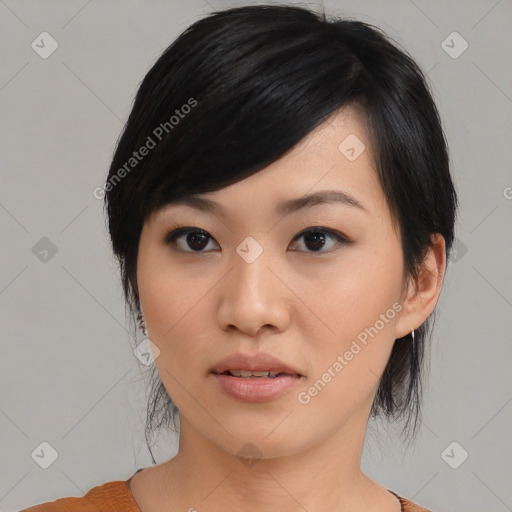 Neutral asian young-adult female with medium  black hair and brown eyes