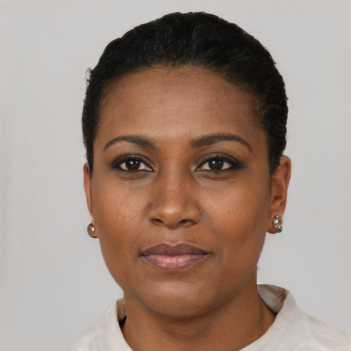 Neutral black young-adult female with short  black hair and brown eyes