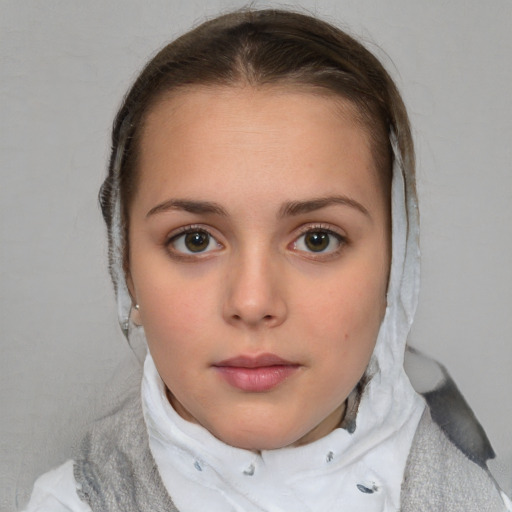 Neutral white young-adult female with medium  brown hair and brown eyes